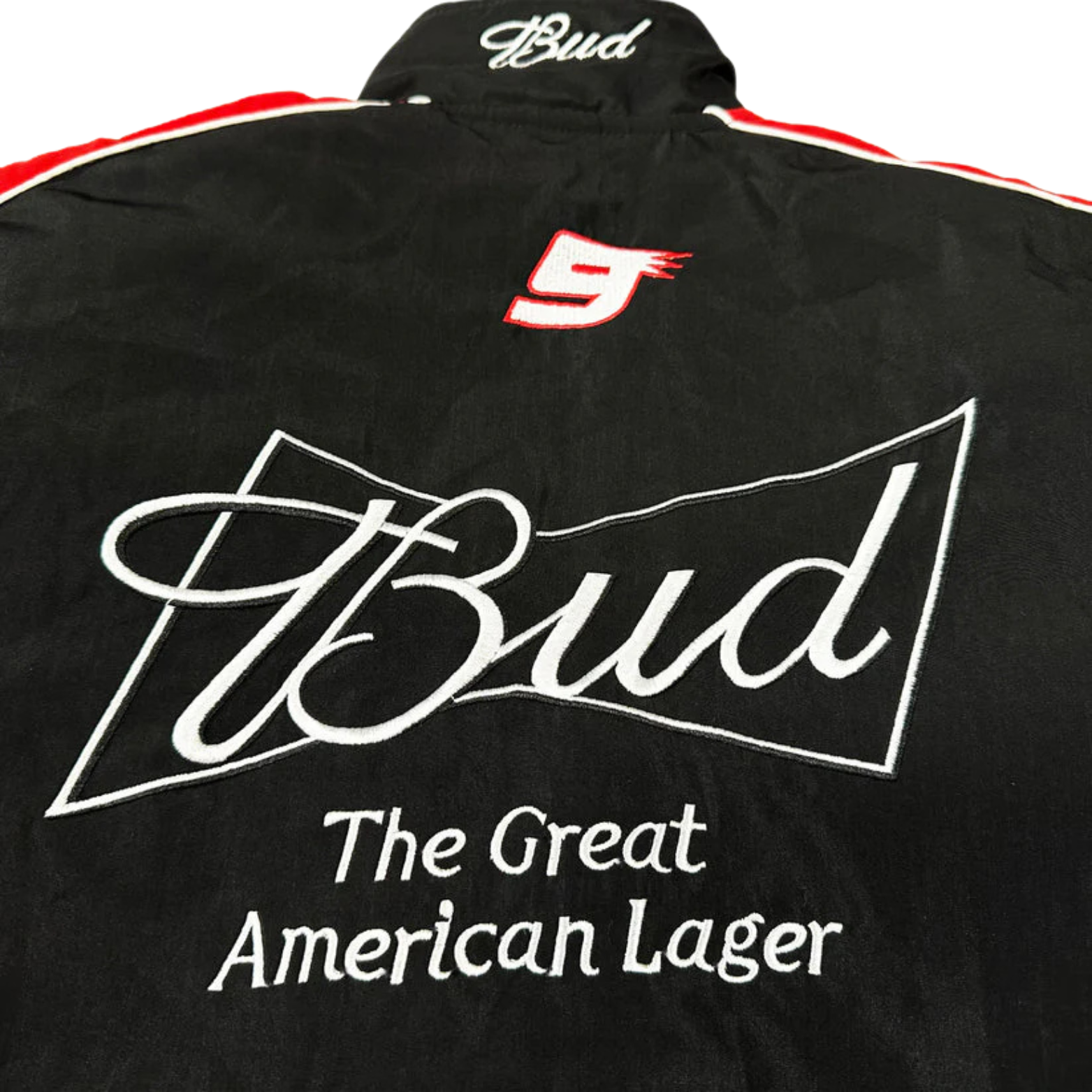 Black Bud racing jacket with embroidered logo and number 9, motorsport apparel from revnhaus