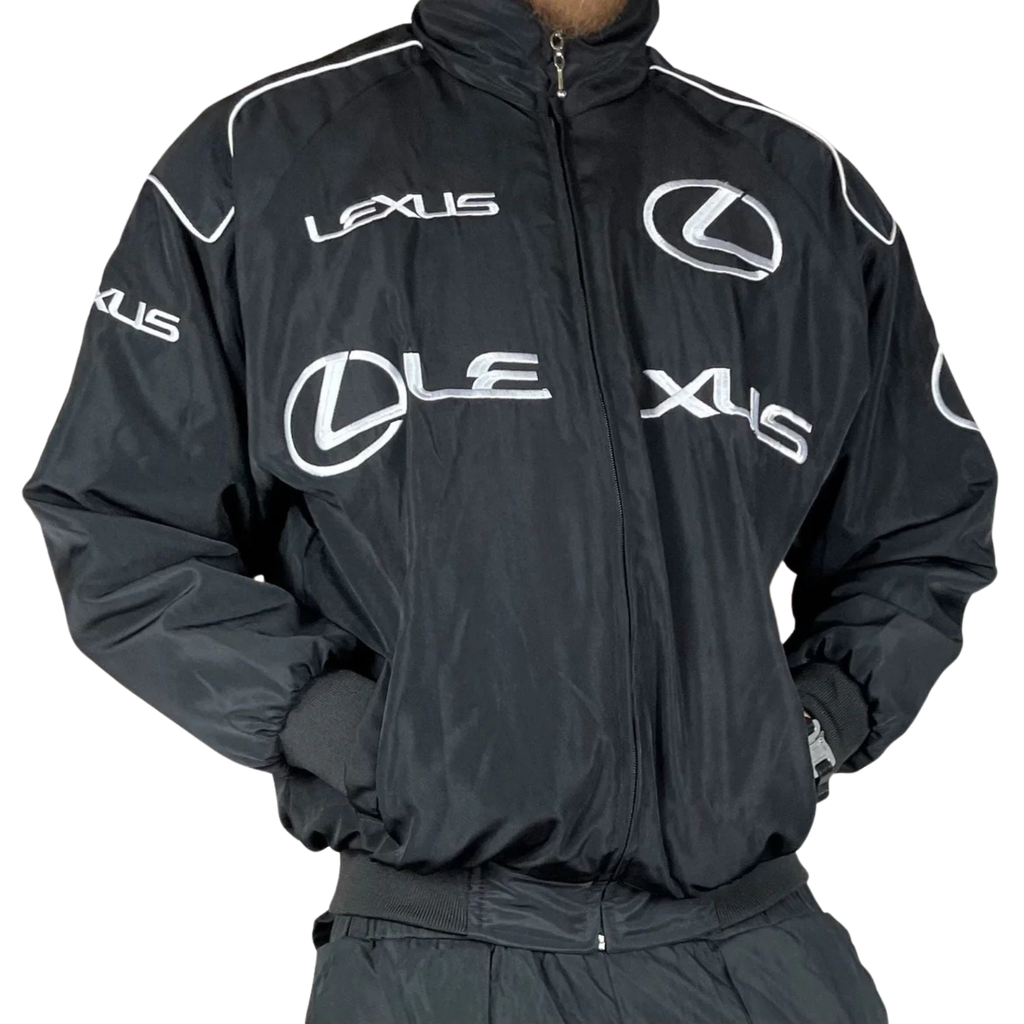 Black Lexus racing jacket with white logo and stripes, motorsport apparel from revnhaus