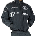 Black Lexus racing jacket with white logo and stripes, motorsport apparel from revnhaus