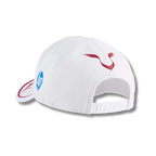 White motorsport cap with red logo and HP emblem, from revnhaus
