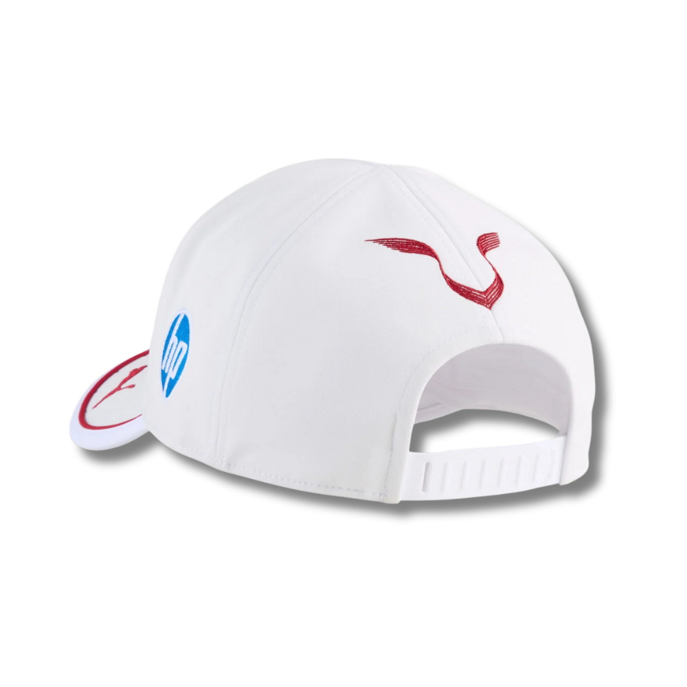White motorsport cap with red logo and HP emblem, from revnhaus