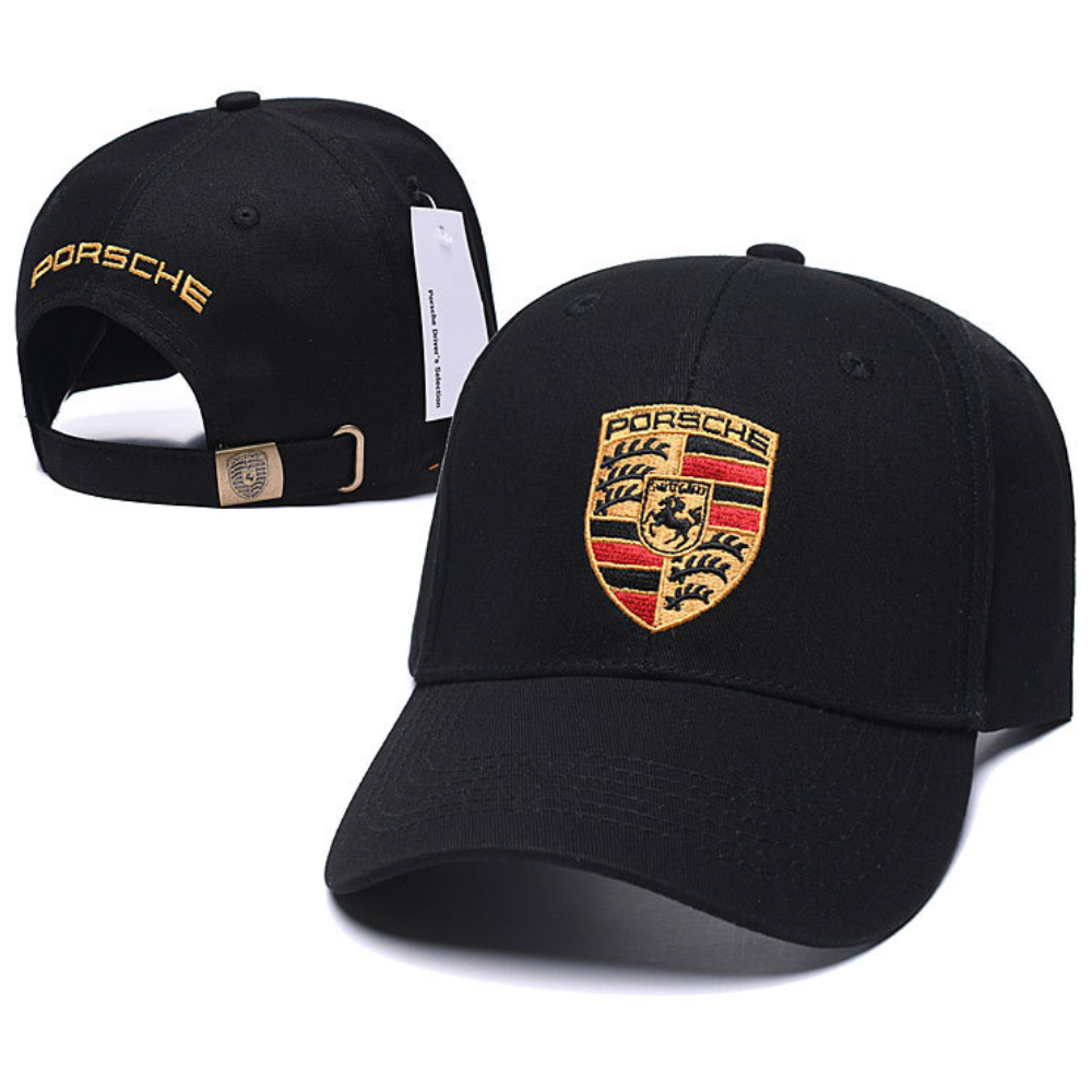 Black Porsche baseball cap with embroidered crest and gold logo, motorsport apparel from revnhaus