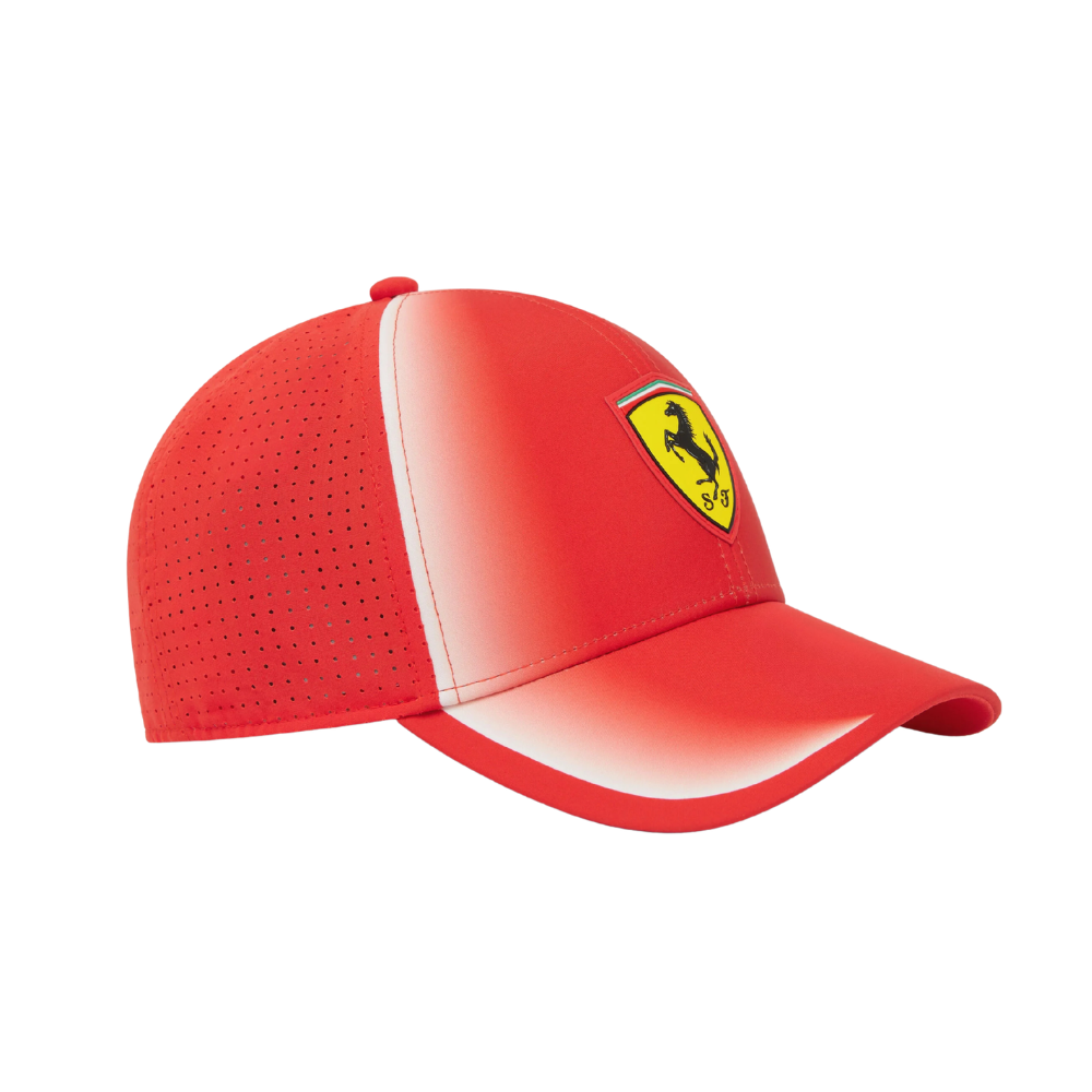 Red Ferrari racing cap with prancing horse logo, perforated back, white stripe from revnhaus