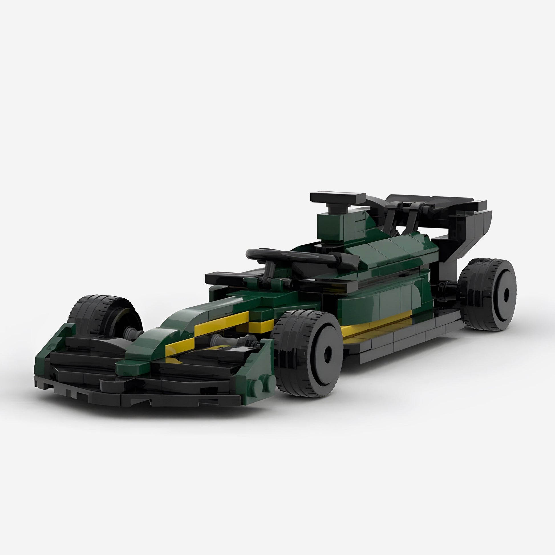 Green and yellow LEGO-style F1 race car model with black tires and aerodynamic wings from revnhaus