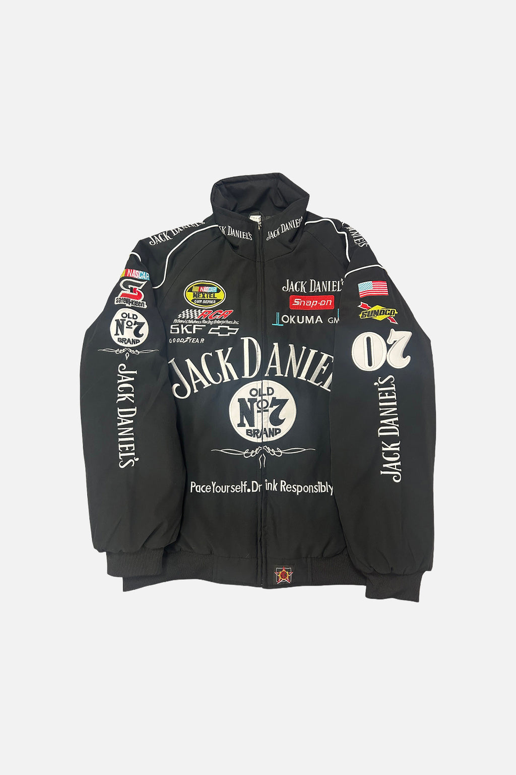 Jack Daniel's NASCAR racing jacket with sponsor logos, black bomber style, from revnhaus