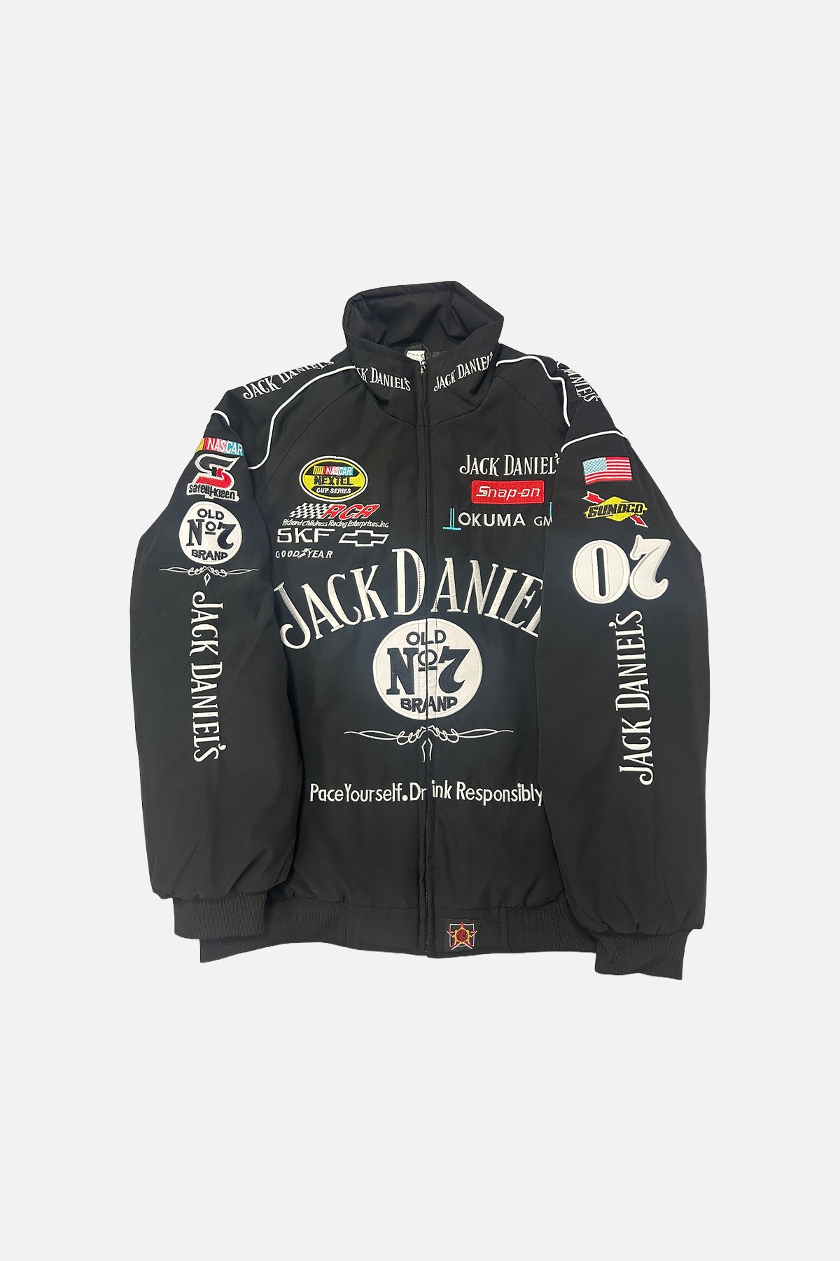 Jack Daniel's NASCAR racing jacket with sponsor logos, black bomber style, from revnhaus