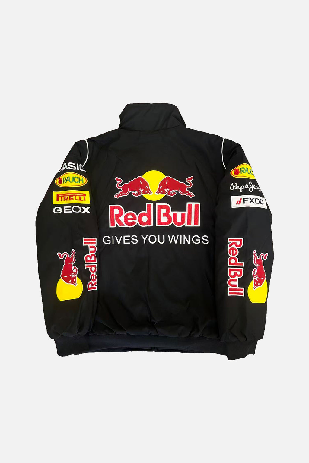 Black Red Bull racing jacket with sponsor logos, 'Gives You Wings' text, from revnhaus