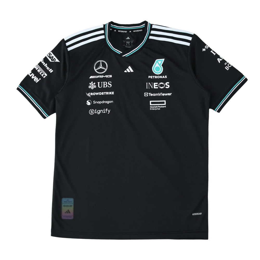 Black Mercedes-AMG Petronas F1 team jersey with sponsor logos, Adidas stripes, from revnhaus
