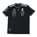 Black Mercedes-AMG Petronas F1 team jersey with sponsor logos, Adidas stripes, from revnhaus