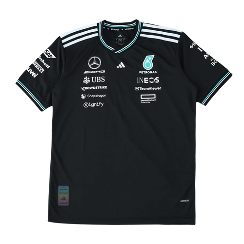 Black Mercedes-AMG Petronas F1 team jersey with sponsor logos, Adidas stripes, from revnhaus