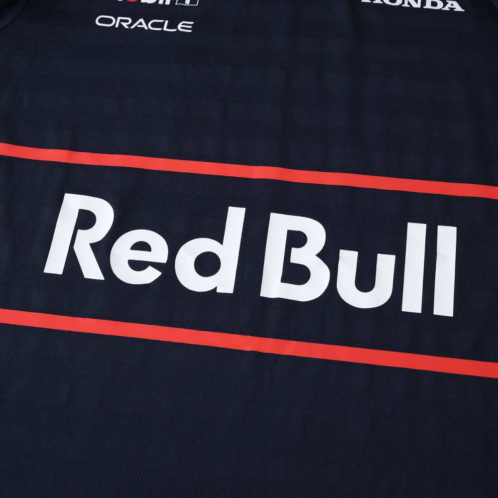 Red Bull F1 racing jacket with Oracle and Honda logos, navy blue with red stripes from revnhaus