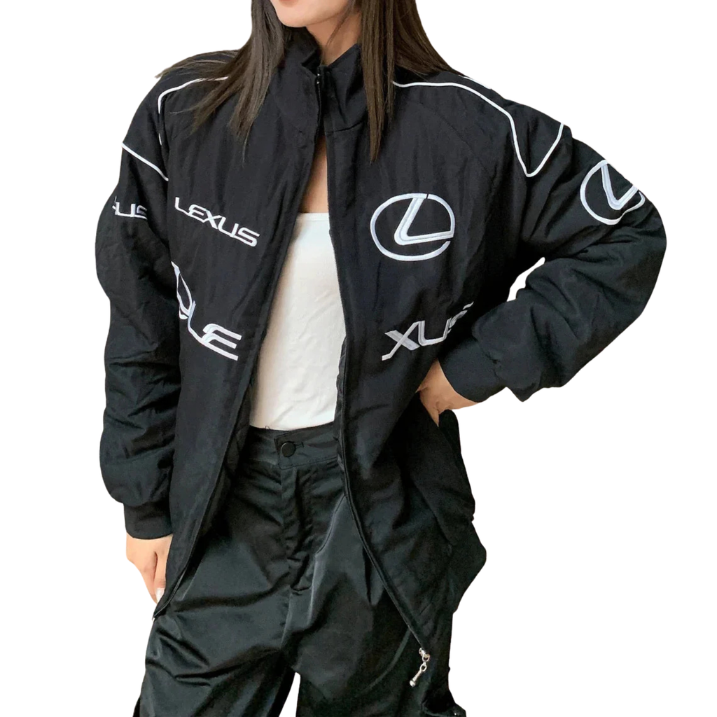 Black Lexus racing jacket with white logo and piping, motorsport apparel from revnhaus