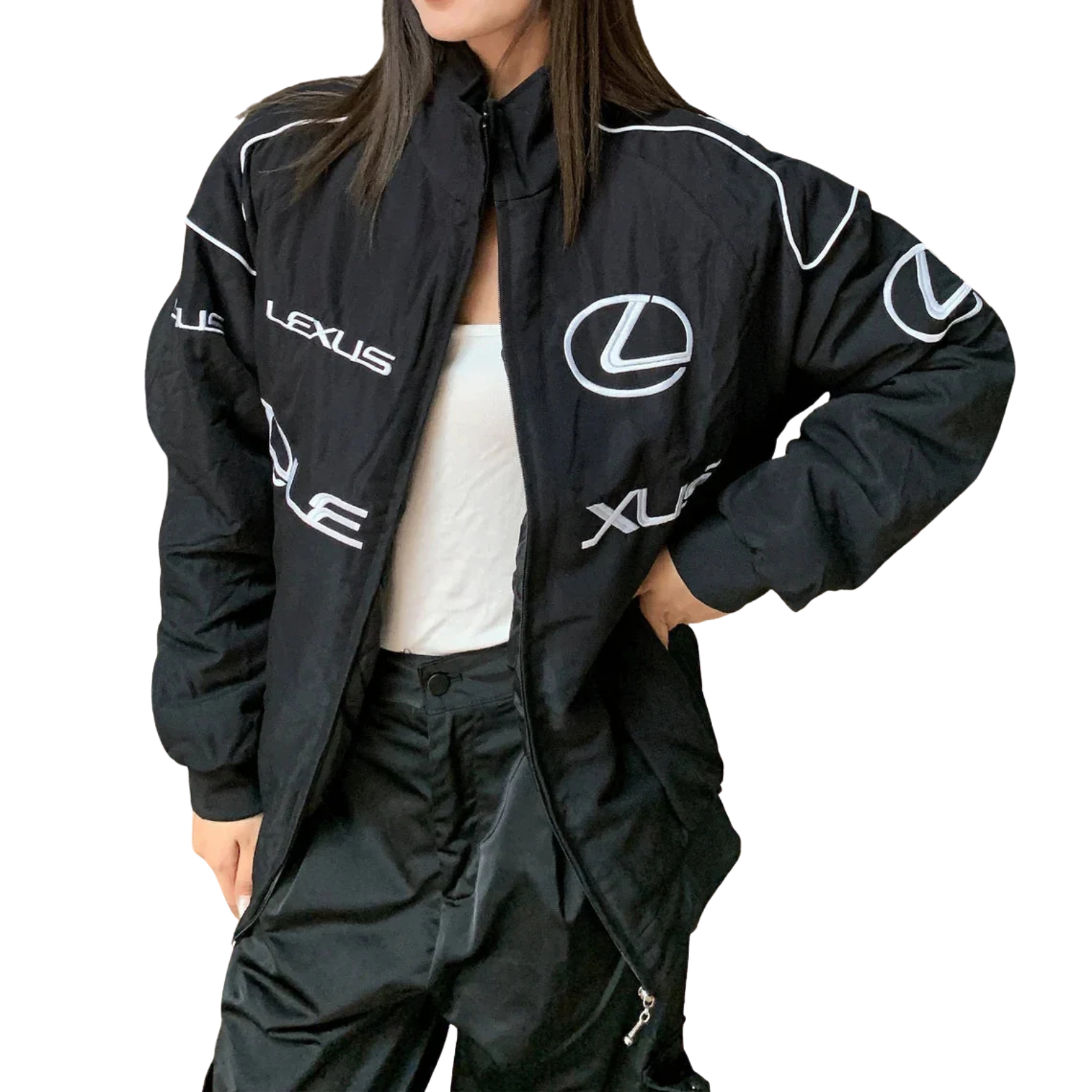Black Lexus racing jacket with white logo and piping, motorsport apparel from revnhaus