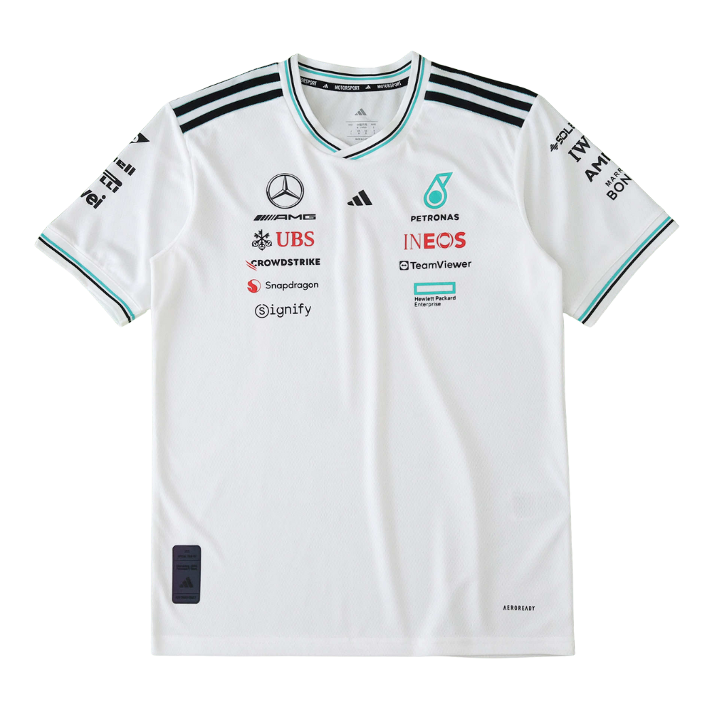 Mercedes-AMG Petronas F1 Team 2023 race jersey with sponsor logos, white with black and teal accents, from revnhaus