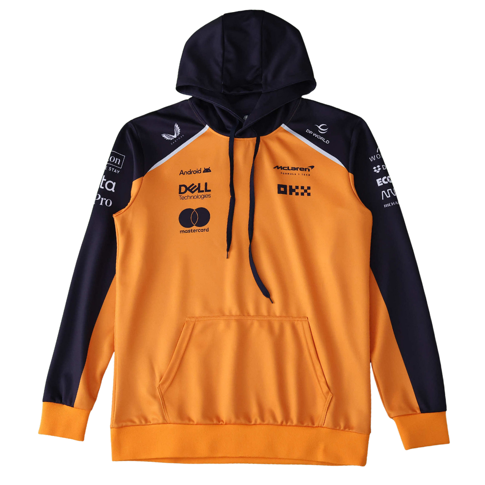 McLaren F1 team hoodie with sponsor logos, orange and navy, from revnhaus