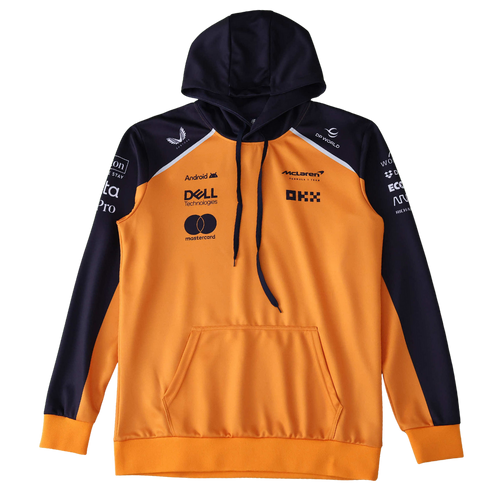 McLaren F1 team hoodie with sponsor logos, orange and navy, from revnhaus