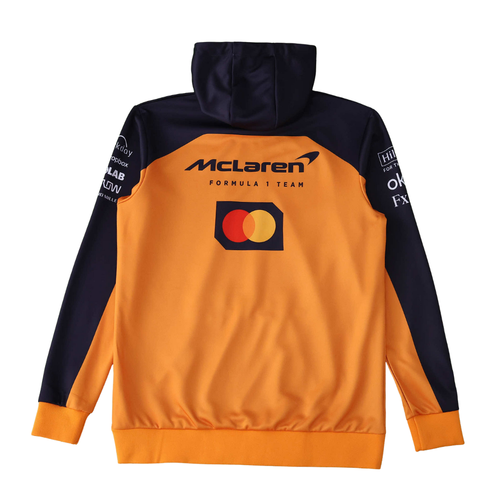 McLaren F1 Team orange and navy hoodie with sponsor logos from revnhaus