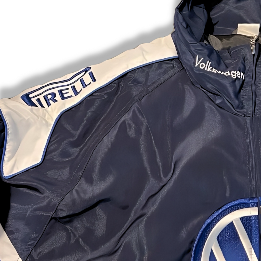 Pirelli and Volkswagen motorsport racing jacket with blue and white accents from revnhaus