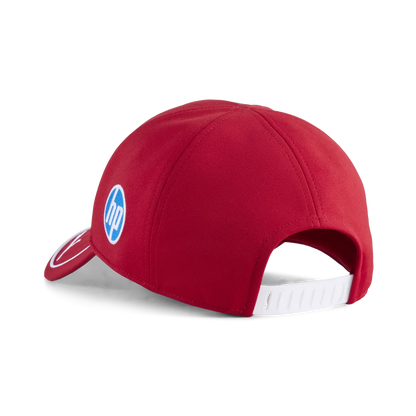 Red HP-branded motorsport cap with white adjustable strap from revnhaus