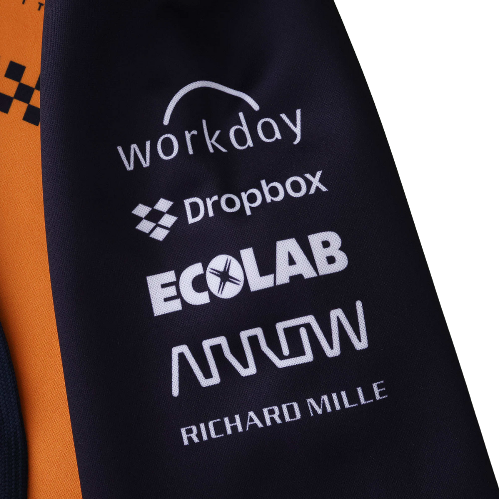 F1 racing jacket sleeve with Workday, Dropbox, Ecolab, Arrow, Richard Mille logos from revnhaus