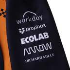 F1 racing jacket sleeve with Workday, Dropbox, Ecolab, Arrow, Richard Mille logos from revnhaus