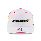 White McLaren racing cap with pink #4 and colorful graphics from revnhaus