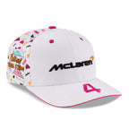 White McLaren F1 Team cap with Miami GP graphics and pink number 4, from revnhaus