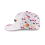White cap with colorful geometric pattern and pink trim from revnhaus