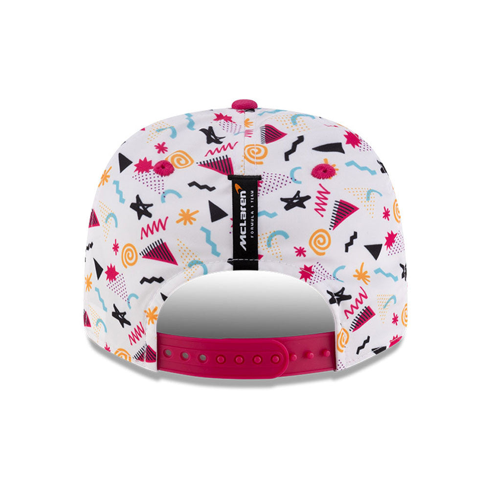 White McLaren F1 cap with colorful geometric pattern and pink adjustable strap from revnhaus