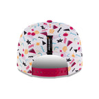 White McLaren F1 cap with colorful geometric pattern and pink adjustable strap from revnhaus