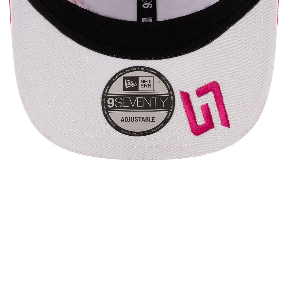White New Era 9FIFTY adjustable cap with pink logo, motorsport style from revnhaus