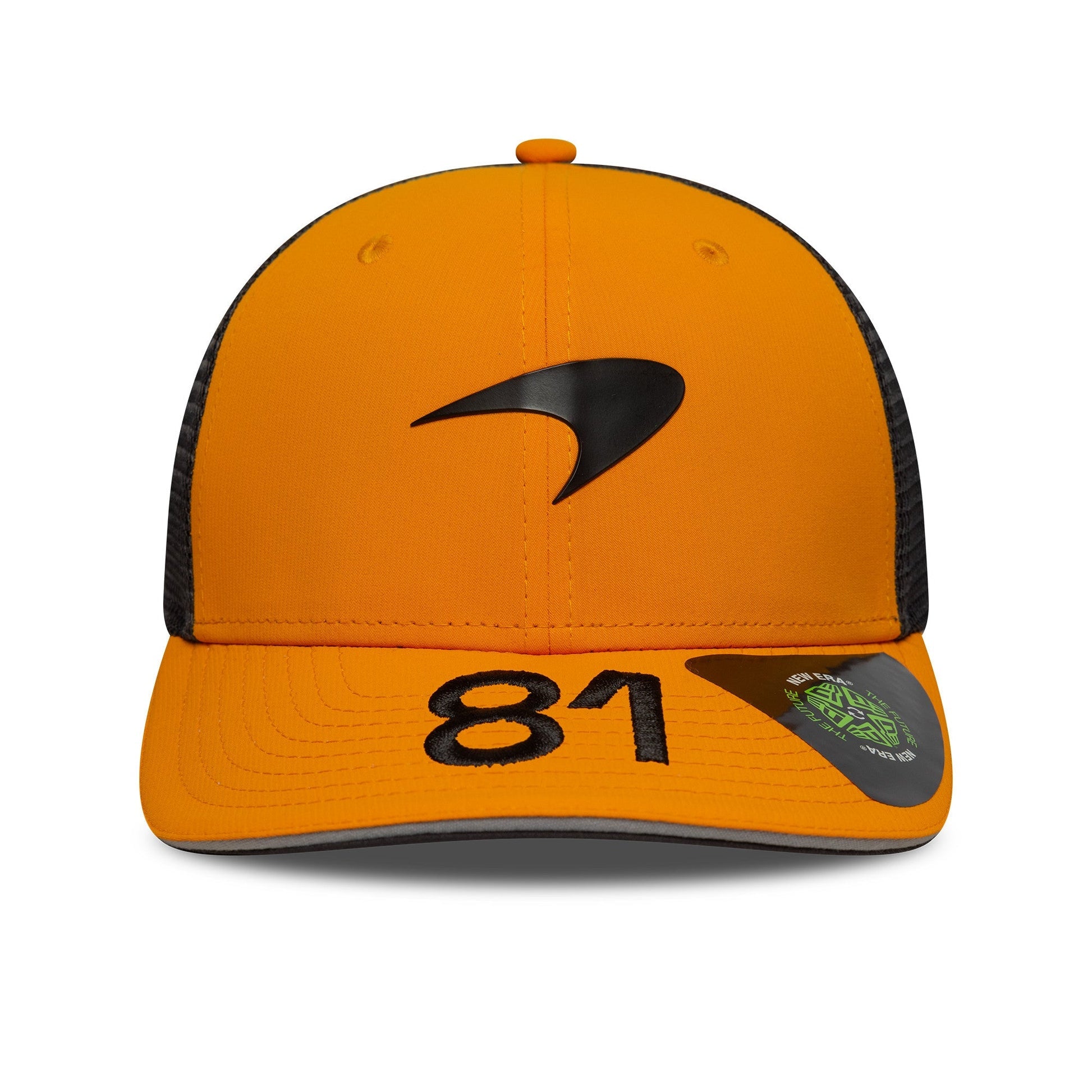 Orange and black motorsport trucker hat with #81 and logo, from revnhaus