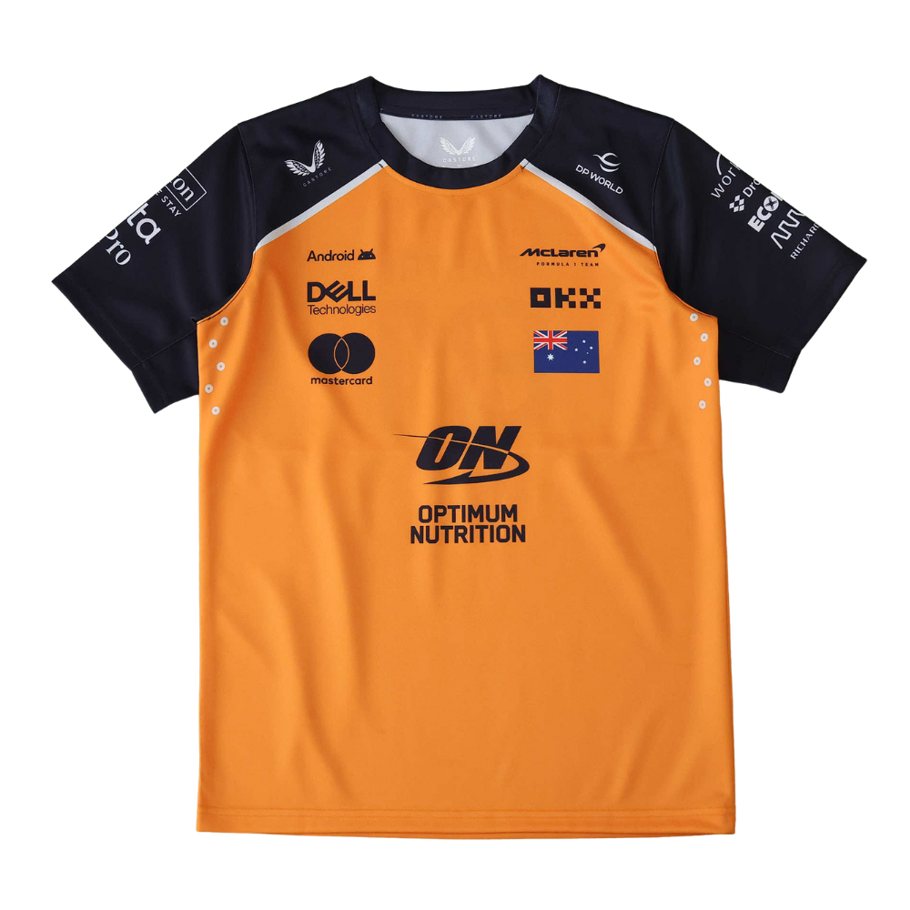 McLaren F1 team orange and navy racing jersey with sponsor logos from revnhaus