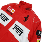 Red Ferrari F1 racing jacket with Shell and Vodafone logos, prancing horse emblem from revnhaus