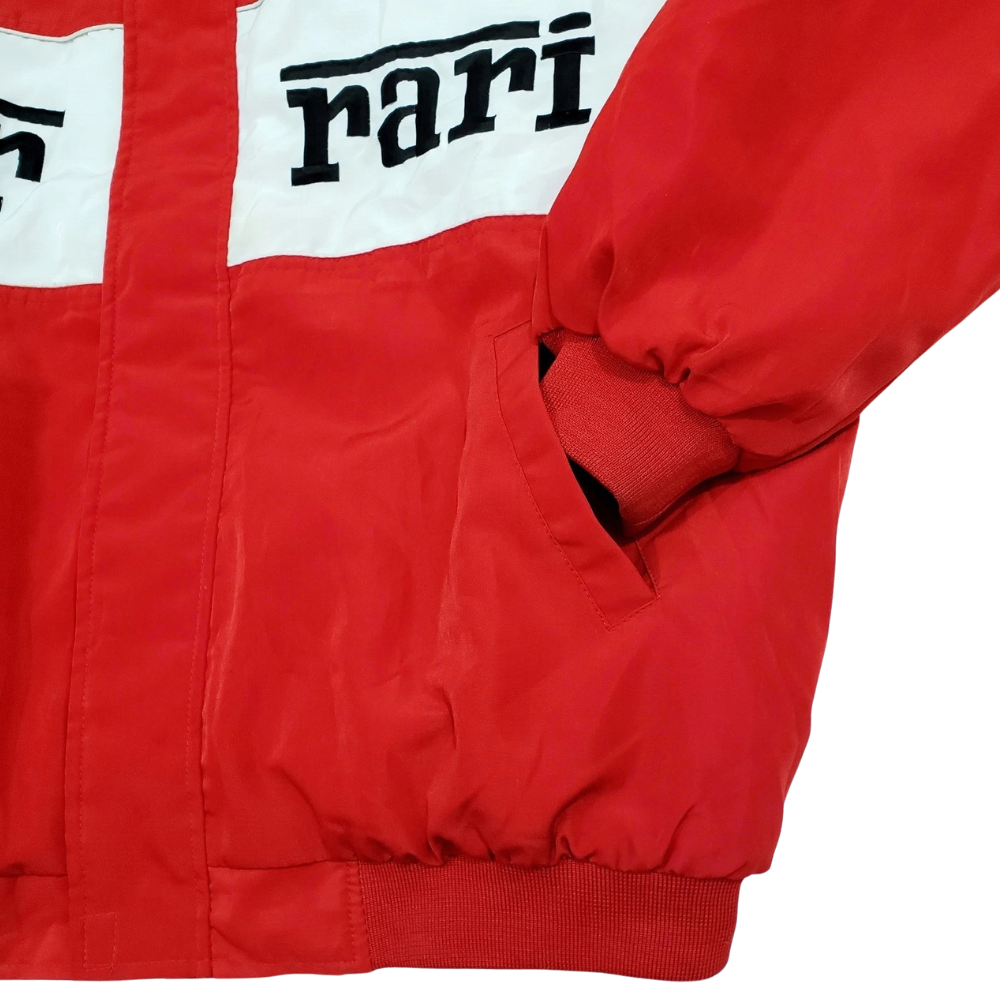 Red racing jacket with white 'rari' panel, motorsport apparel from revnhaus