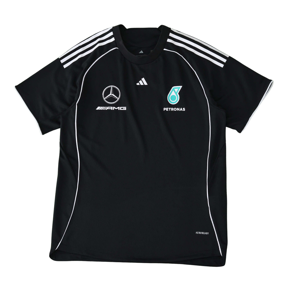 Black Mercedes-AMG Petronas F1 team shirt with white stripes and logos from revnhaus