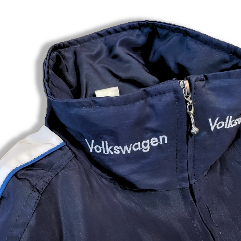 Navy Volkswagen racing jacket with white embroidery and blue trim from revnhaus