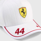 White Ferrari racing cap with prancing horse logo and red #44, from revnhaus