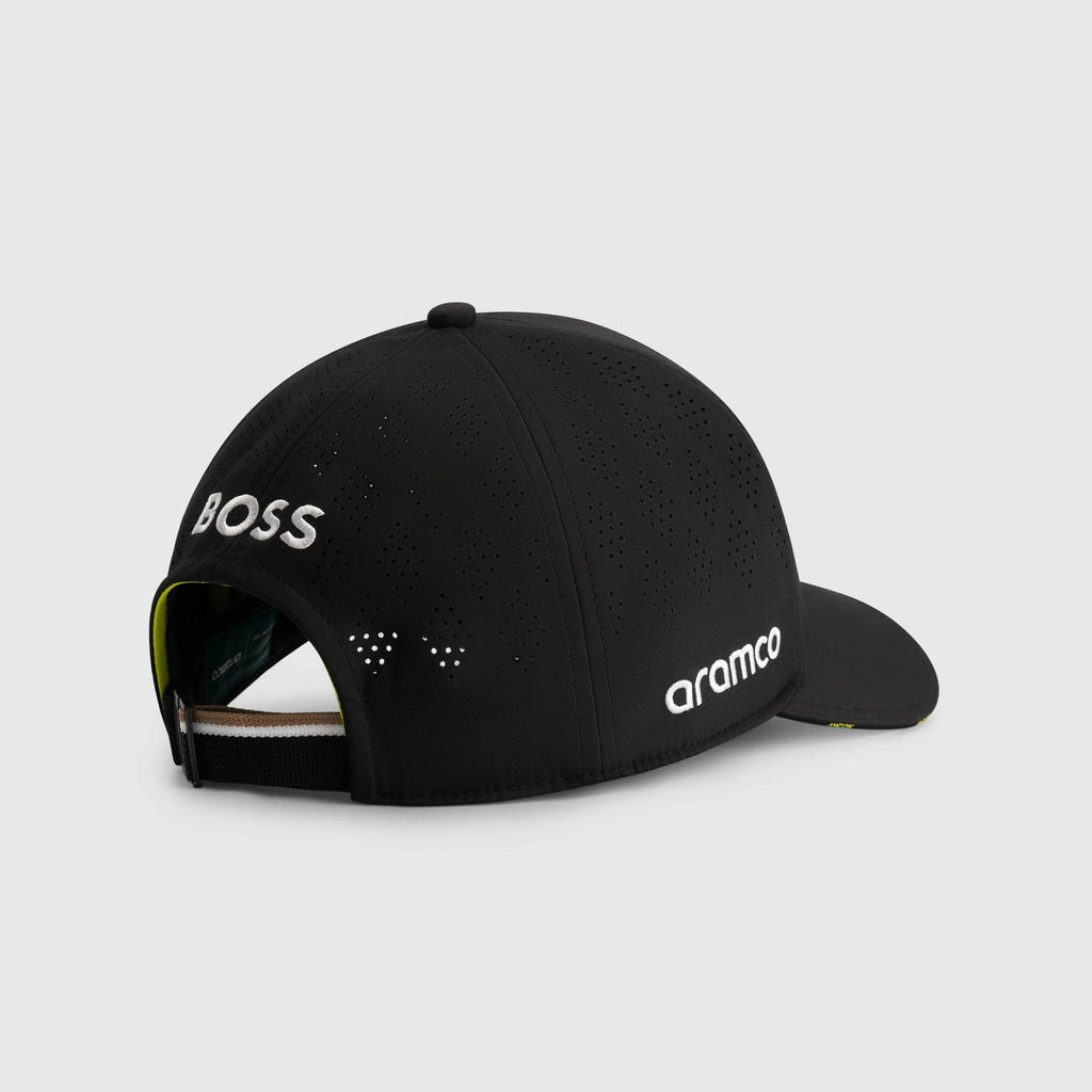 Black perforated racing cap with BOSS and aramco logos, motorsport apparel from revnhaus