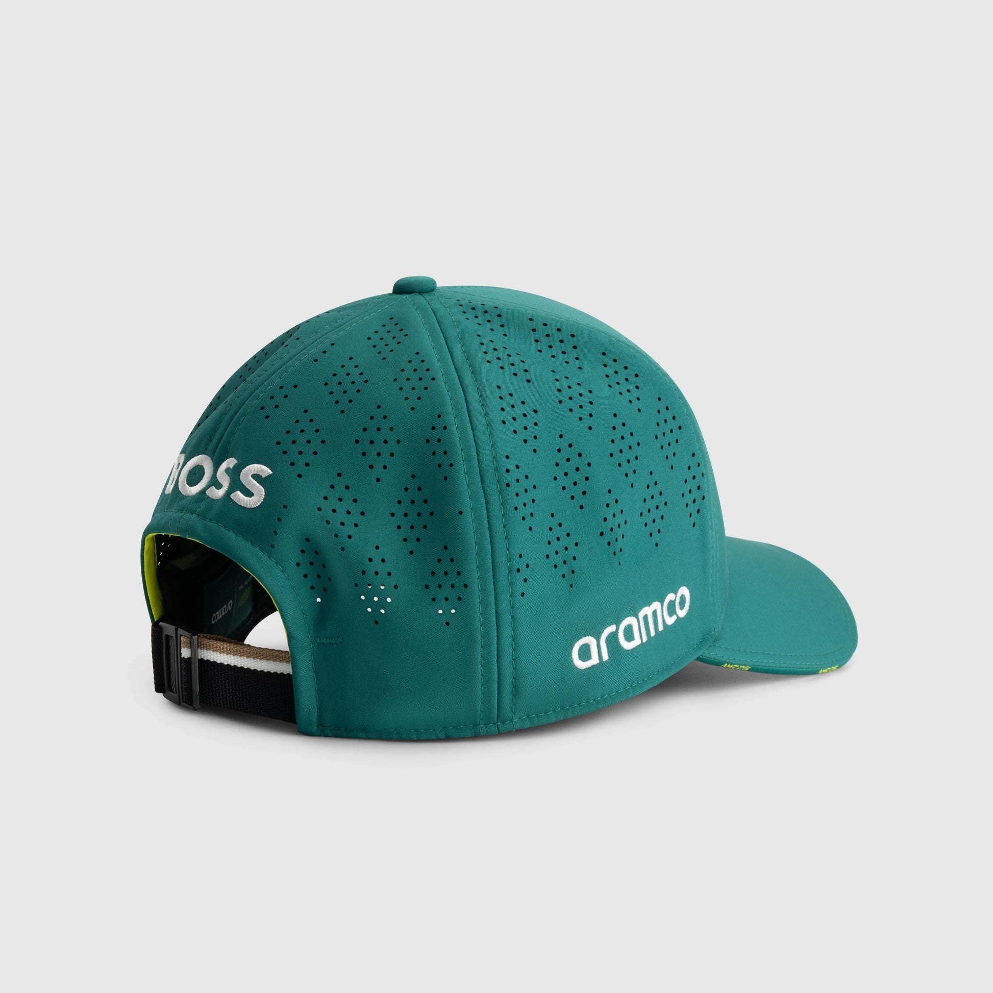 Green perforated racing cap with BOSS and Aramco logos from revnhaus