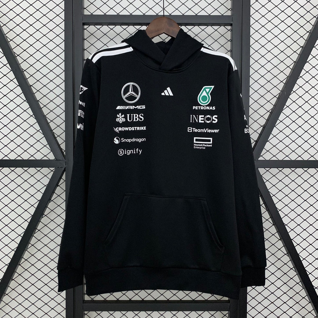 Black F1 team hoodie with sponsor logos, white stripes, and front pocket from revnhaus