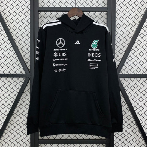 Black F1 team hoodie with sponsor logos, white stripes, and front pocket from revnhaus