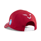 Red racing cap with HP logo and white accents, from revnhaus