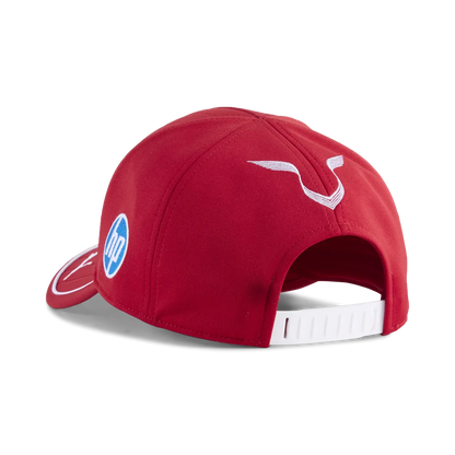Red racing cap with HP logo and white accents, from revnhaus