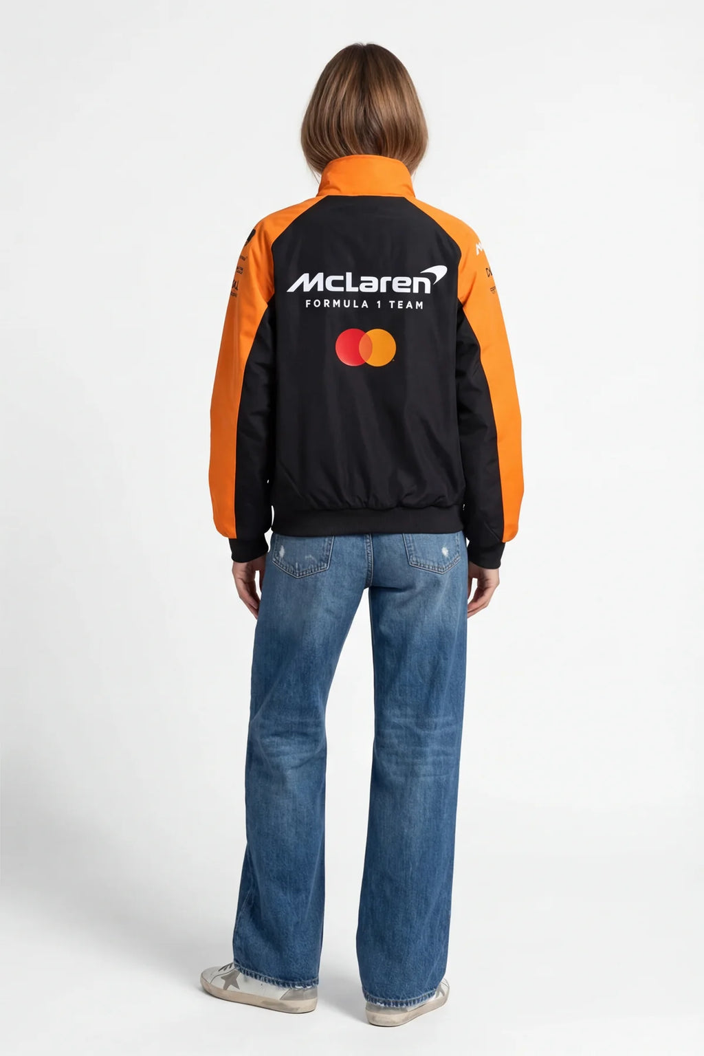McLaren Formula 1 Team black and orange racing jacket with Mastercard logo from revnhaus