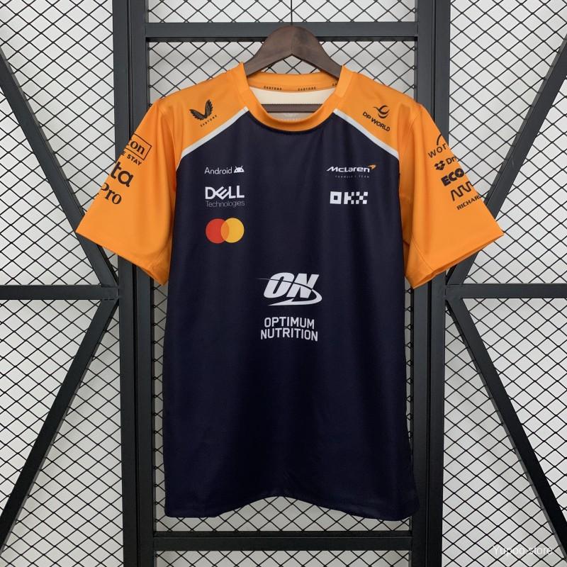 McLaren F1 team racing jersey with sponsor logos, orange and navy design from revnhaus