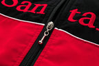 Red and black racing jacket with embroidered logo and zipper detail from revnhaus