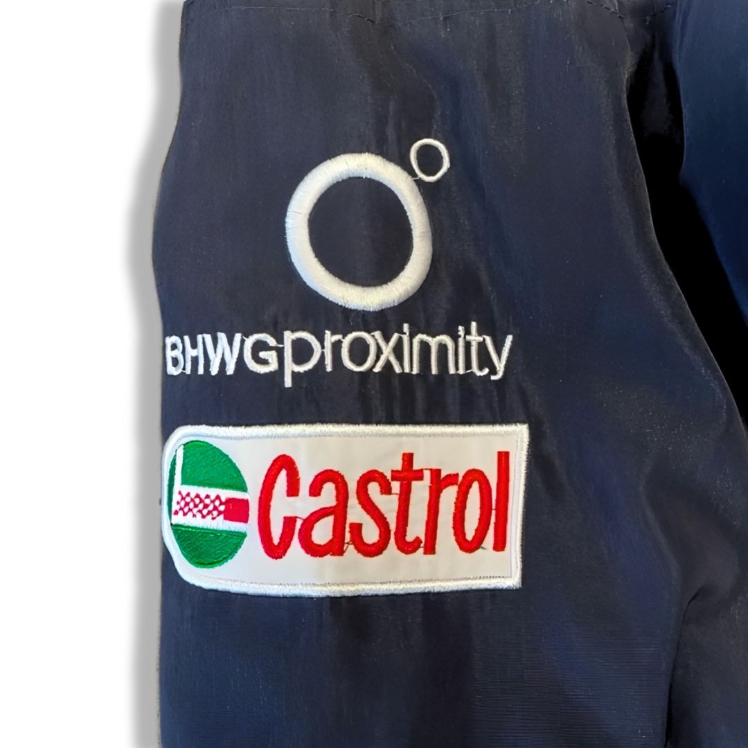 Dark blue racing suit with embroidered BHWG Proximity and Castrol logos from revnhaus