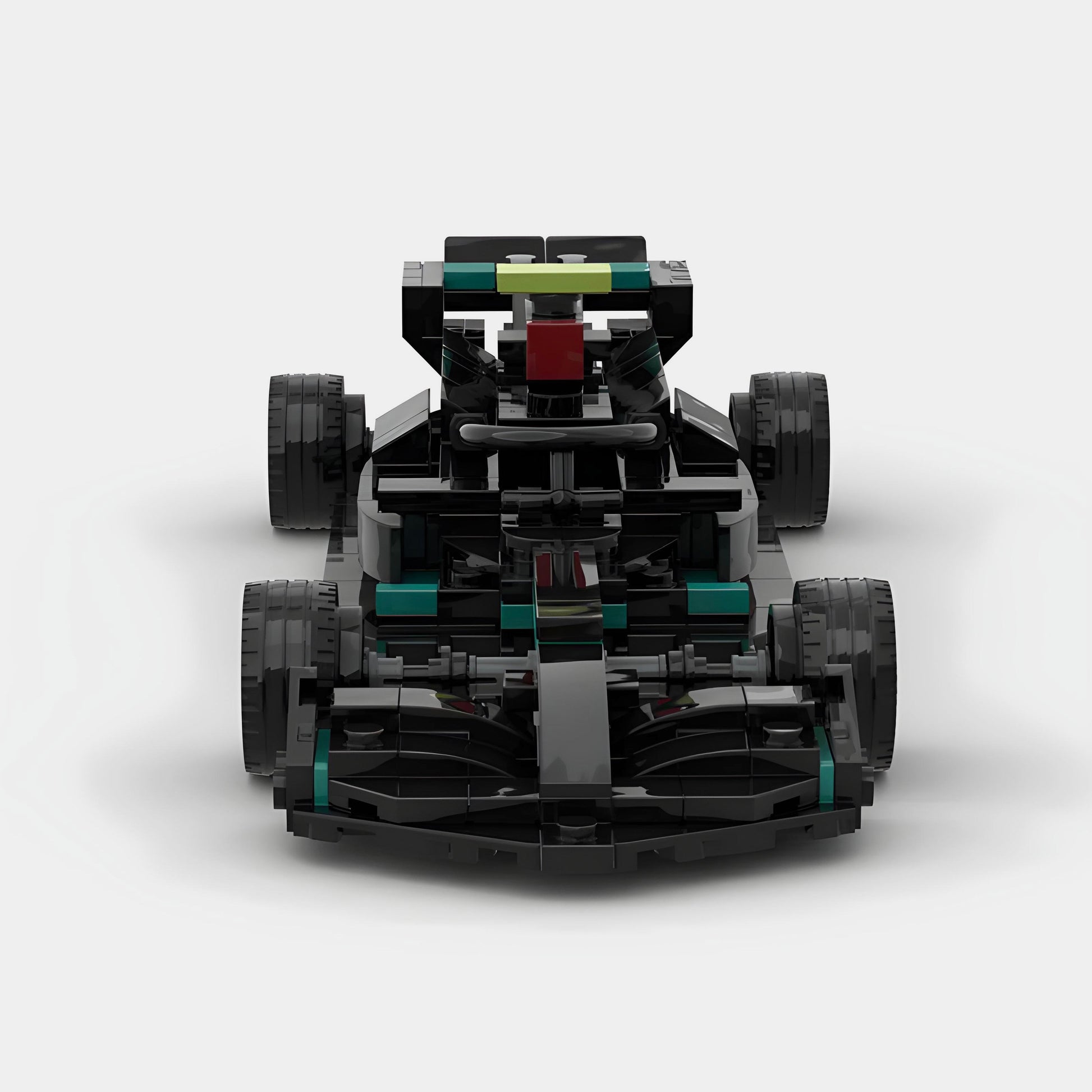 Black and teal F1-style LEGO race car with detailed aerodynamics from revnhaus