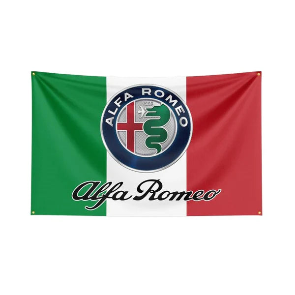 Alfa Romeo flag with Italian tricolor and logo, motorsport decor from revnhaus